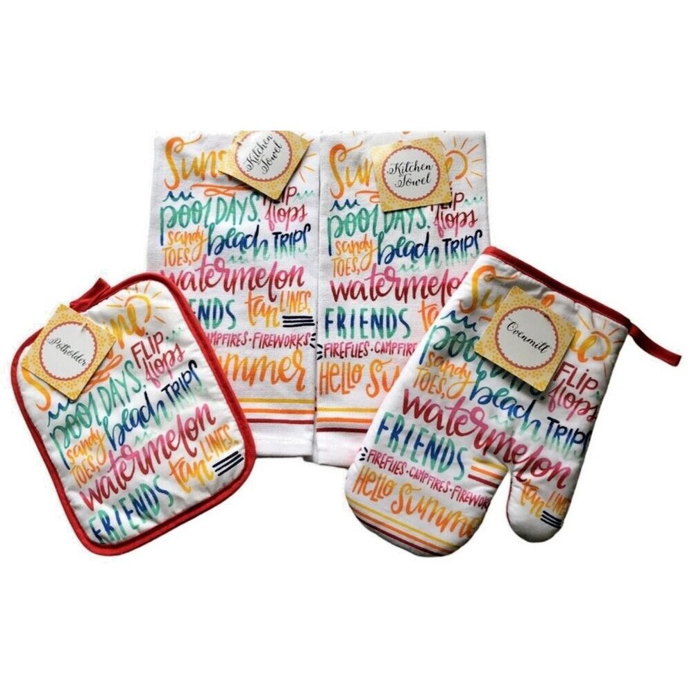 Summer Words Flip Flops Kitchen Dish Towels Oven Mitt Potholder Beach Set of 4